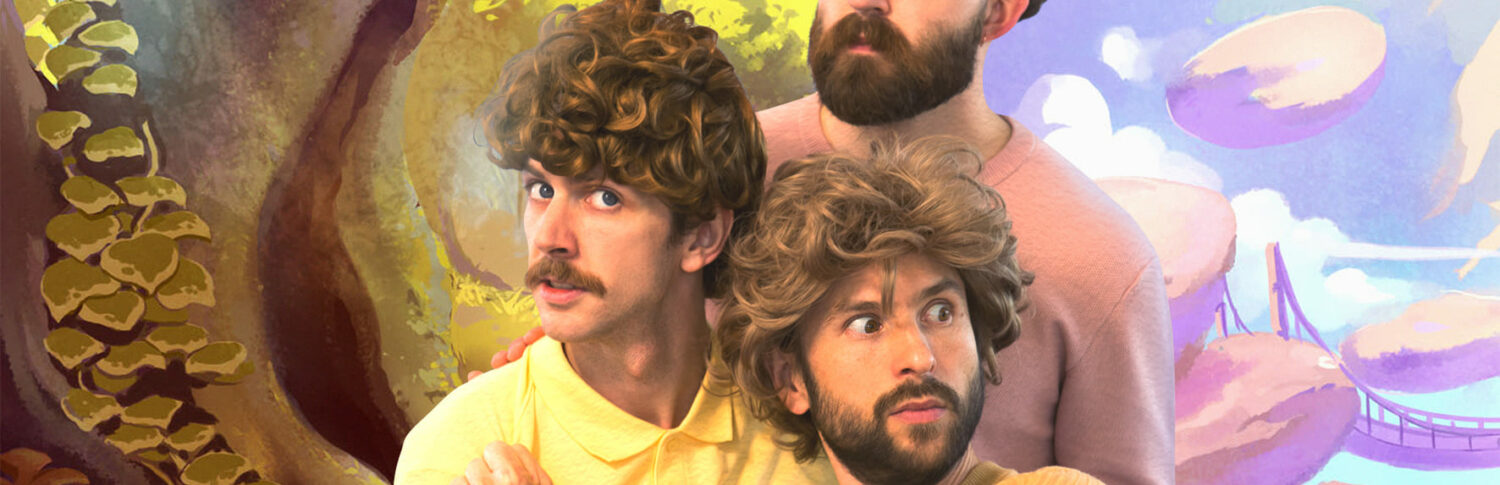 Photographie des trois danseurs avec un fond dessin 2D