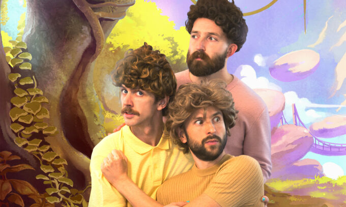 Photographie des trois danseurs avec un fond dessin 2D