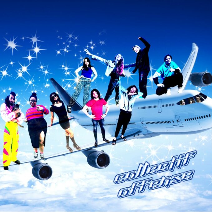 Photomontage des membres du collectif Offense détourés et posés sur l'aile d'un avion.