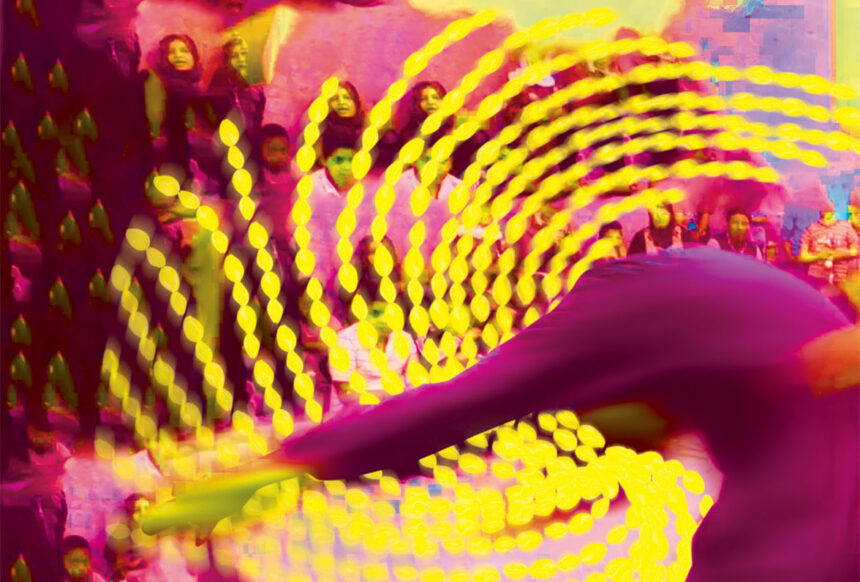 Photo jaune et violet vif très modifier. Une personne danse et un tourbillon jaune est autour.