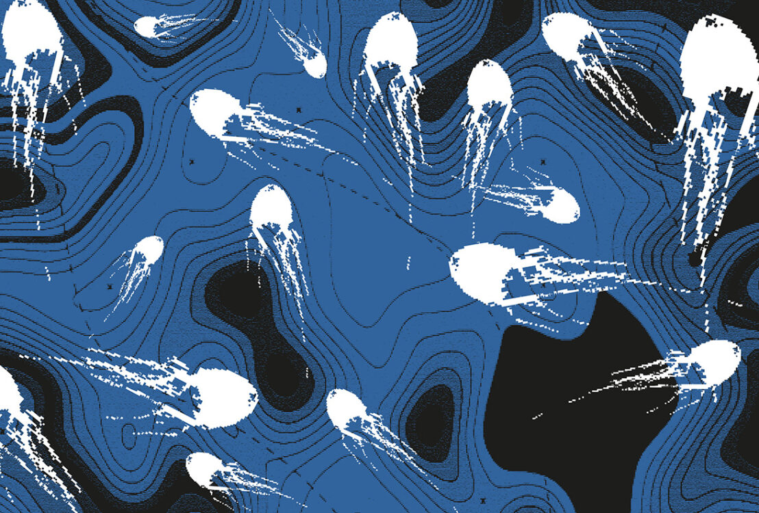 Fond bleu foncé fait de cercles et d'ondulations. Des méduses blanches sont disposées un peu partout. Fond bleu foncé fait de cercles et d'ondulations. Des méduses blanches sont disposées un peu partout.