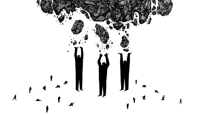 Illustration de la pièce Unrelated to god. Trois personnes tendant les bras vers le ciel.